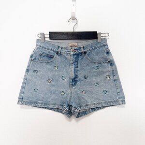 Vintage 90s Denim Republic Jean Shorts Size 13/14 Floral Embroidery Cottagecore